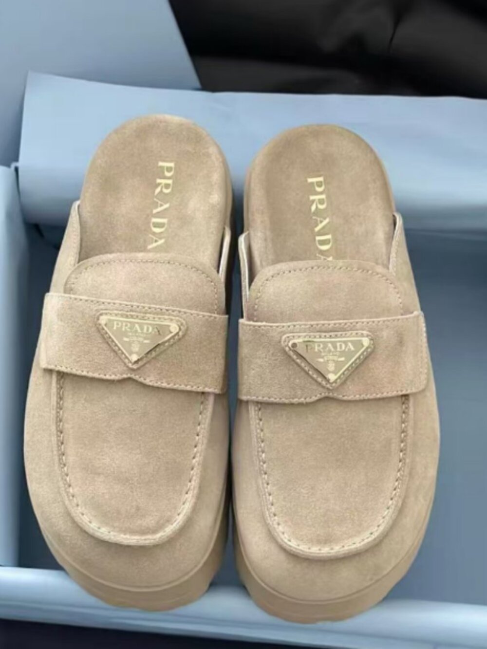 Prada Triangle Logo Suede Loafer Mules